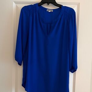 Pleione Cobalt Blue Split-Neck Blouse with Gathered Shoulders